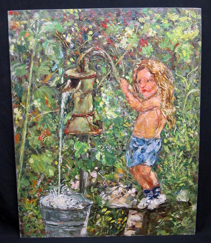 ROTHBORT PAINTING CHILD AT PUMP: Heavy palette painting on masonite; bears estate stamp on reverse, "Samuel Rothbort"; signed lower left; not framed; 35" x 28", VG-EX