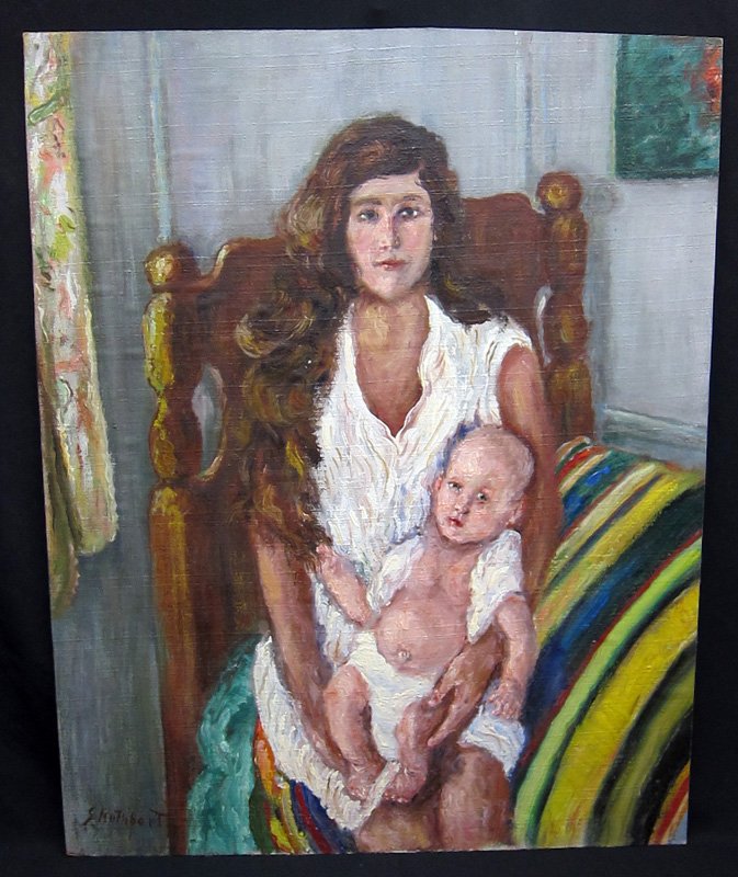 ROTHBORT PAINTING OF MOTHER & CHILD: Painted on masonite; bears estate stamp on reverse "Samuel Rothbort"; signed lower left; 39 1/2" x 31 1/2", VG-EX