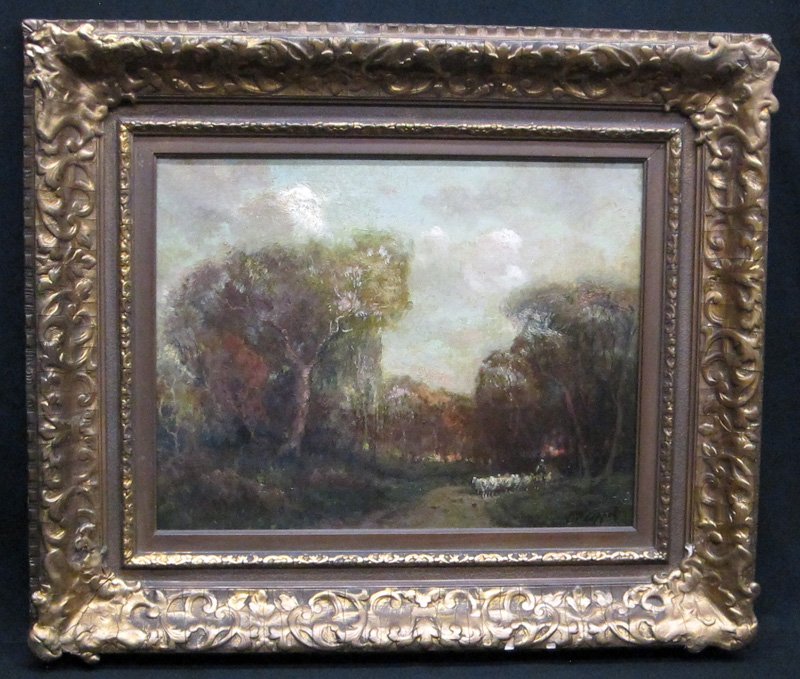 CHARLES APPEL PAINTING: "Forest Path with Sheep", oil on canvas; signed lower right; framed; 14" x 18", EX