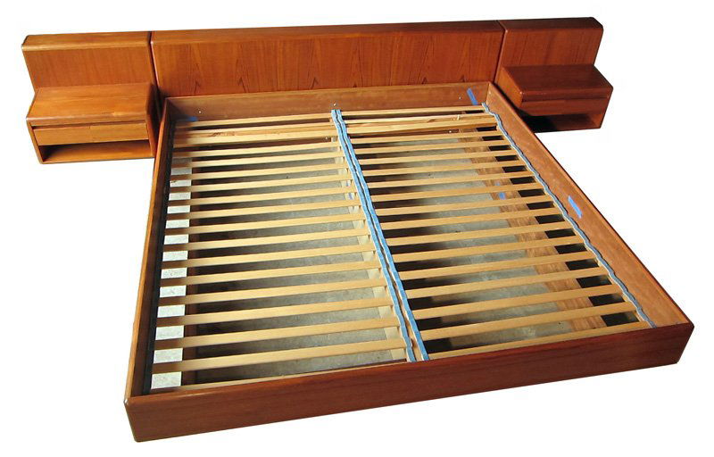 DANISH KING-SIZE BED, VANITY, DRESSER & HALL TABLE: Teak bed with attached nightstands, with matching vanity and stool; signed Nordisk Andels-Export, purchased at Scan Furniture; vanity has minor scratches, slight stain to top; Bed (including attached