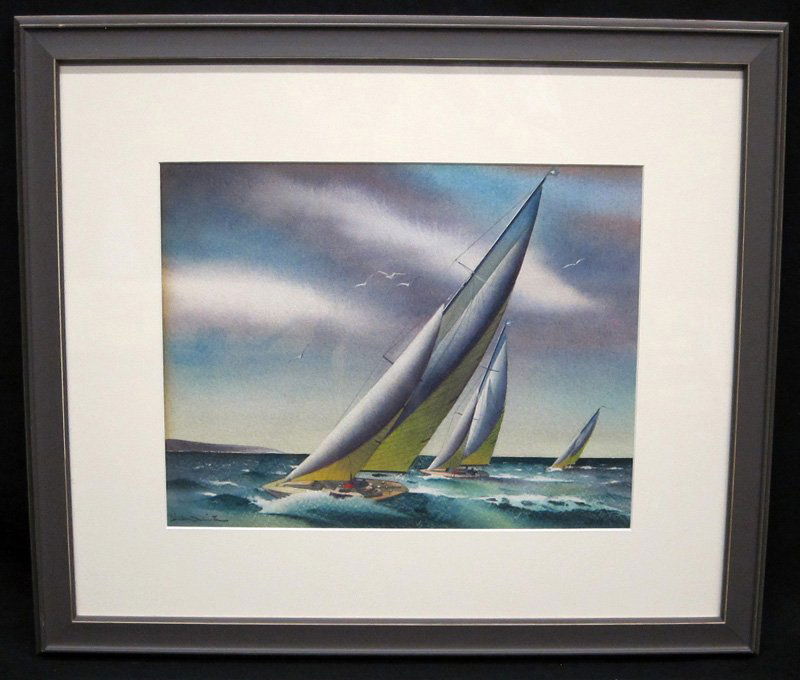 SANDOR BERNATH SAILING WATERCOLOR: Watercolor on paper; matted and framed; 10 3/4" x 13 3/4", EX