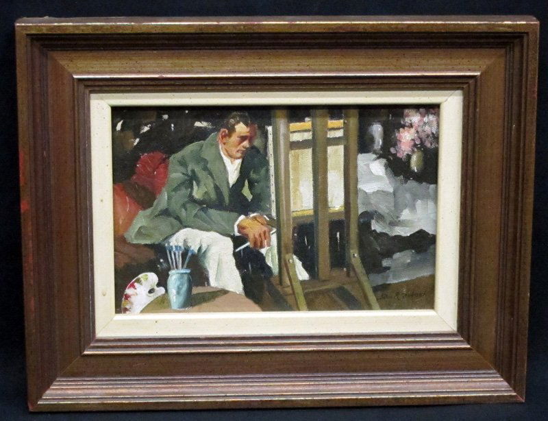 JOHN R. GRABACH PAINTING: "The Artist", oil on panel; signed lower right; framed; 6" x 9", EX