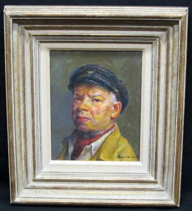 ROBERT BRACKMAN PORTRAIT PAINTING: Self portrait, man in sailors cap; oil on canvas; signed lower right; framed; 10" x 8", EX