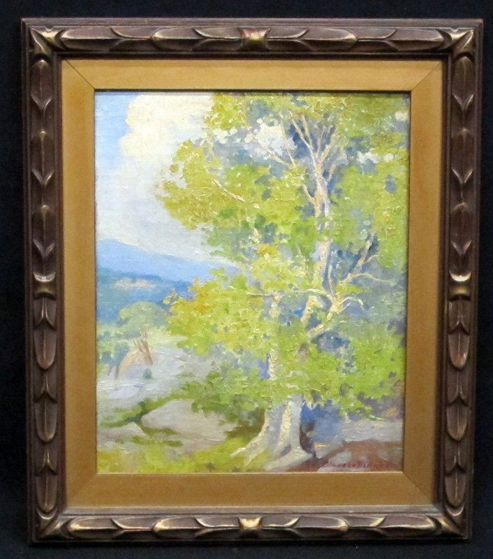 BLANCHE DILLAYE PAINTING: "The Birch Tree", oil on board; signed lower right; framed; 10" x 8 1/2", EX