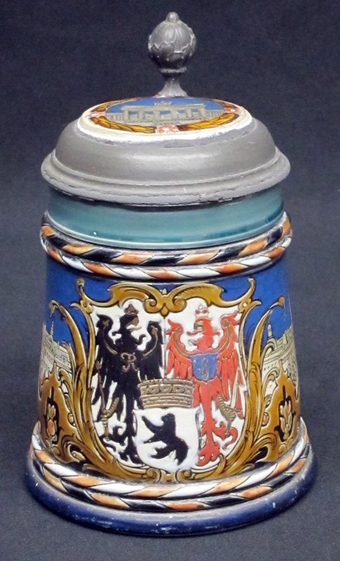 METTLACH STEIN 1/2 L: painted ceramic with incised lines; pewter and ceramic lid; #2024 "Berlin"; pewter weathered; H-7", G-VG