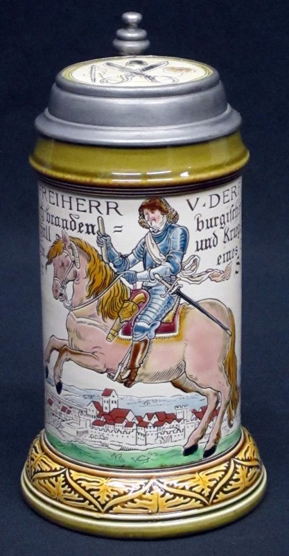 METTLACH STEIN 1/2 L: Painted ceramic with incised lines; pewter and ceramic top; #2720; H-9", VG-EX