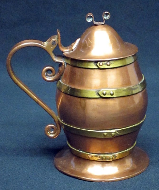 COPPER STEIN: Arts and Crafts style; brass bands; H-8", VG