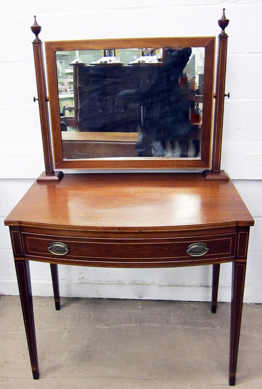 BIGGS VANITY: Mahogany, line and band inlay; together with non-matching stool; normal wear; H-60", W-36", G-VG