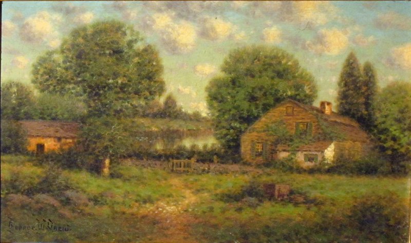 GEORGE W. DREW SCENIC PAINTINGS (2): (1) Oil on canvas; "Summer"; signed lower right; 14" x 20", EX; (1) oil on wood; cottage scene; signed lower left; 6" x 10", EX