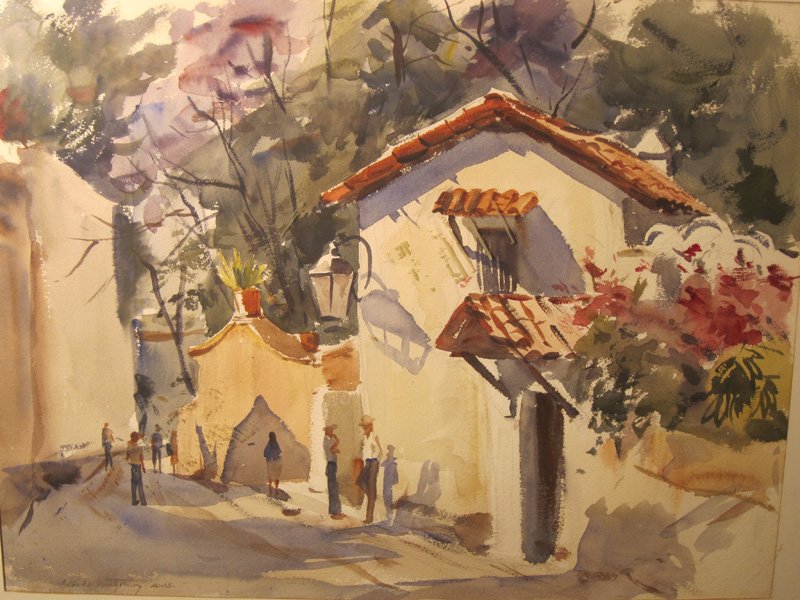MONTGOMERY CLAUDE WATERCOLOR: Watercolor on paper, street scene with tiled roof building; signed lower left, framed, acid matt, glass dirty; 17 1/2" x 23"; G-VG