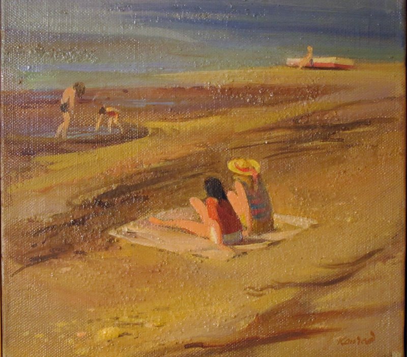 BEACH SCENE PAINTINGS (2): (1) Adolph Konrad, oil on canvas, "At the Beach", 1982; 8" x 8"; (1) oil on panel, signed illegibly lower left, framed, 12" x 16", EX