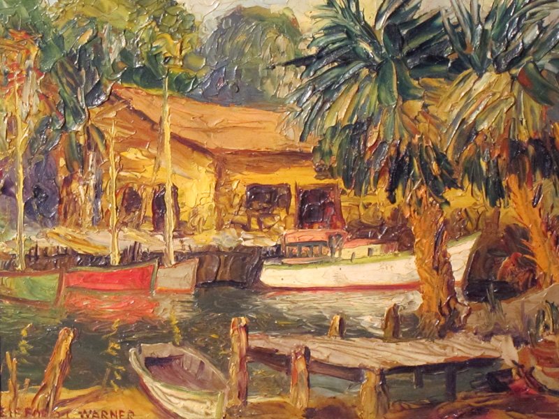 CLIFFORD L. WARNER TAHITI SCENES (2): Both oil on panel; both signed lower right; both with some surface dirt; both 6 1/4" x 8", G-VG