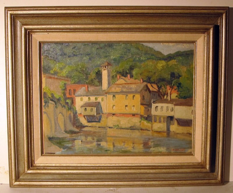 EMILY BUDELL SCENIC PAINTINGS (3): (1) oil on board, "After the Storm", 1957; signed lower right; 16" x 12"; (1) oil on canvas, "Spring Renewal", signed lower right, framed; needs cleaning; 8" x 10"; (1) oil on board, image of bridge a