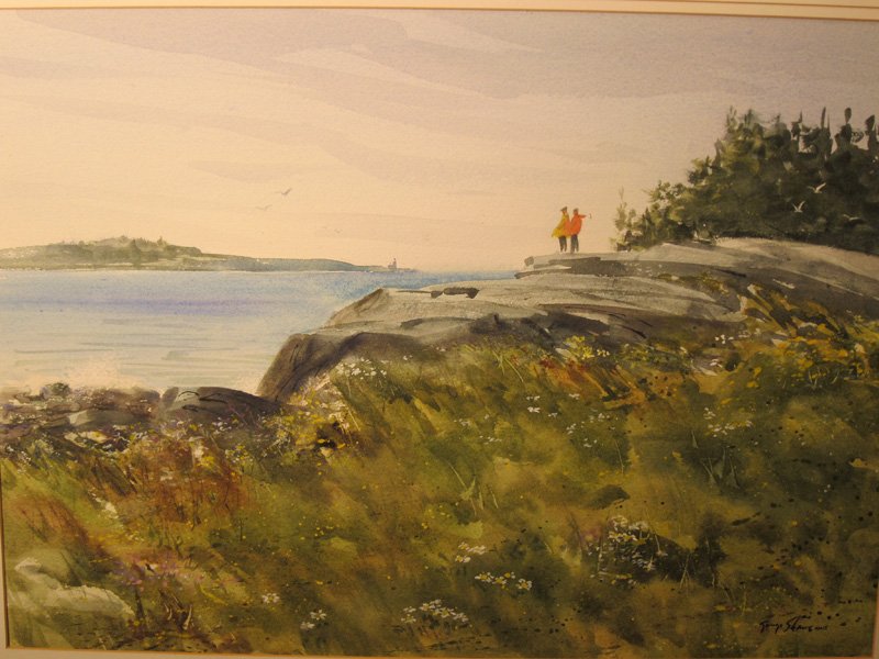 SHORE SCENE WATERCOLORS (3): (1) George Shawe, watercolor on paper, "Point Lookout", signed lower right, acid matt, 18 1/2" x 25 3/4"; (1) Eleanor N. Johnson, watercolor, harbor with boats, signed lower right, 4 3/4" x 6 3/4", EX