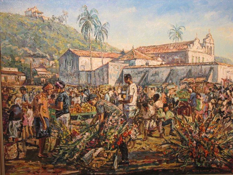 MARKET / STREET VENDOR SCENES (3): (1) William L. van Dyk oil on canvas, "Mercado de Cabo Frio", date marked on recto stretcher, 1969; 20" x 26 1/2", EX(1) oil on canvas paper, street musicians, unsigned, 15" x 11", EX; (1) Kim Maurice