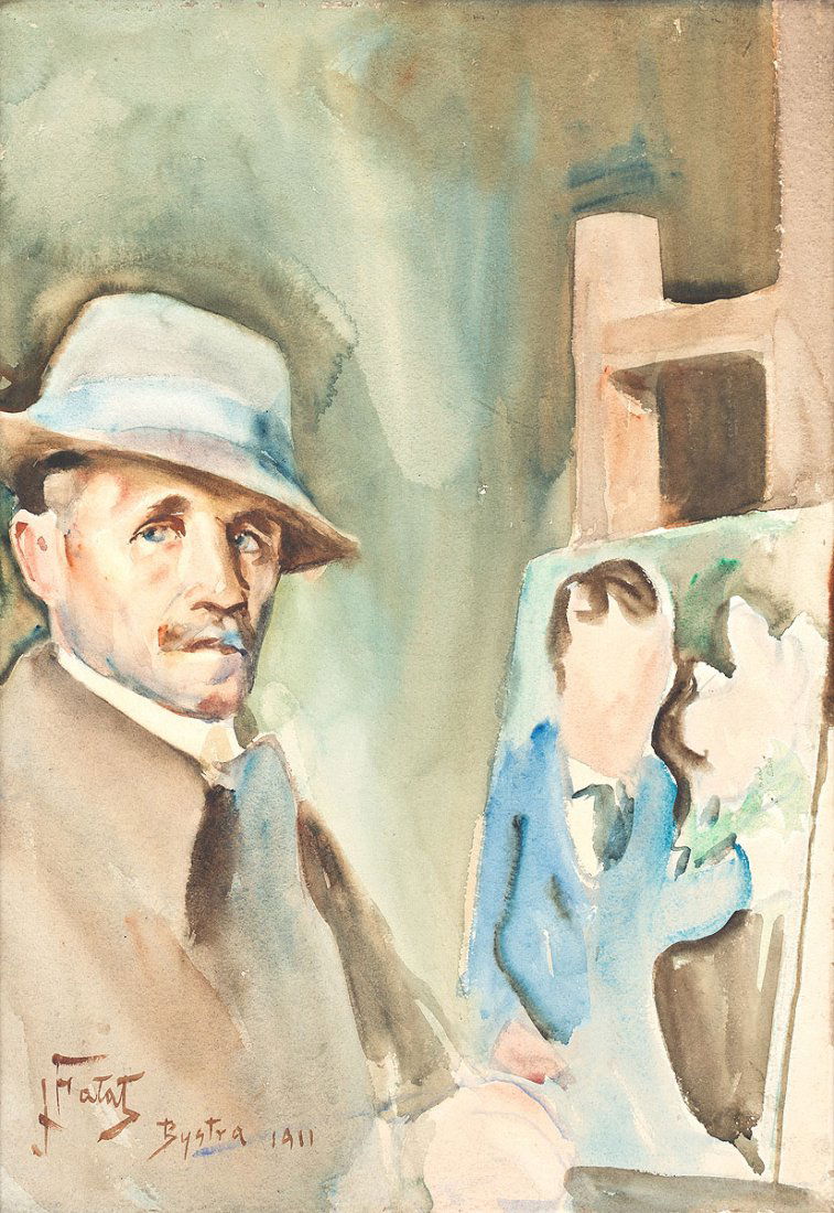 Falat Julian, Self-portrait with easel: watercolor on paper, 53 x 37cm signated (l.d): jFalat/Bystra 1911