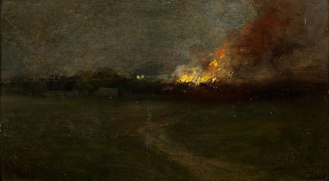 Stanislawski Jan, Fire in village: Pozar wsi, oil on plywood, 14,8 x 26,8 cm