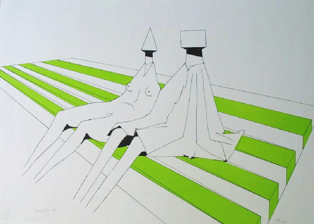 "Two Sitting Figures On Stripes" by Lynn Chadwick: This is a signed, numbered and dated limited edition lithograph by Lynn Chadwick. Part of a Private Collection in Brussels.It is on BFK Rives vellum, published by Erker-Presse St Gallen, with their bl