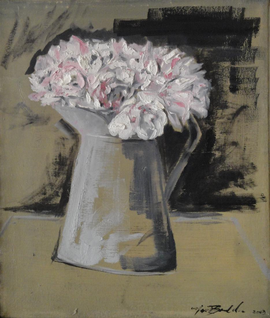 Peonies in a Metal Watering Can: The artist's focus on the subject of flowers is one of emotional value. Often the artist's mood and subsequently, his color palette tend to lighten up while painting them. Often the artist buys his wi