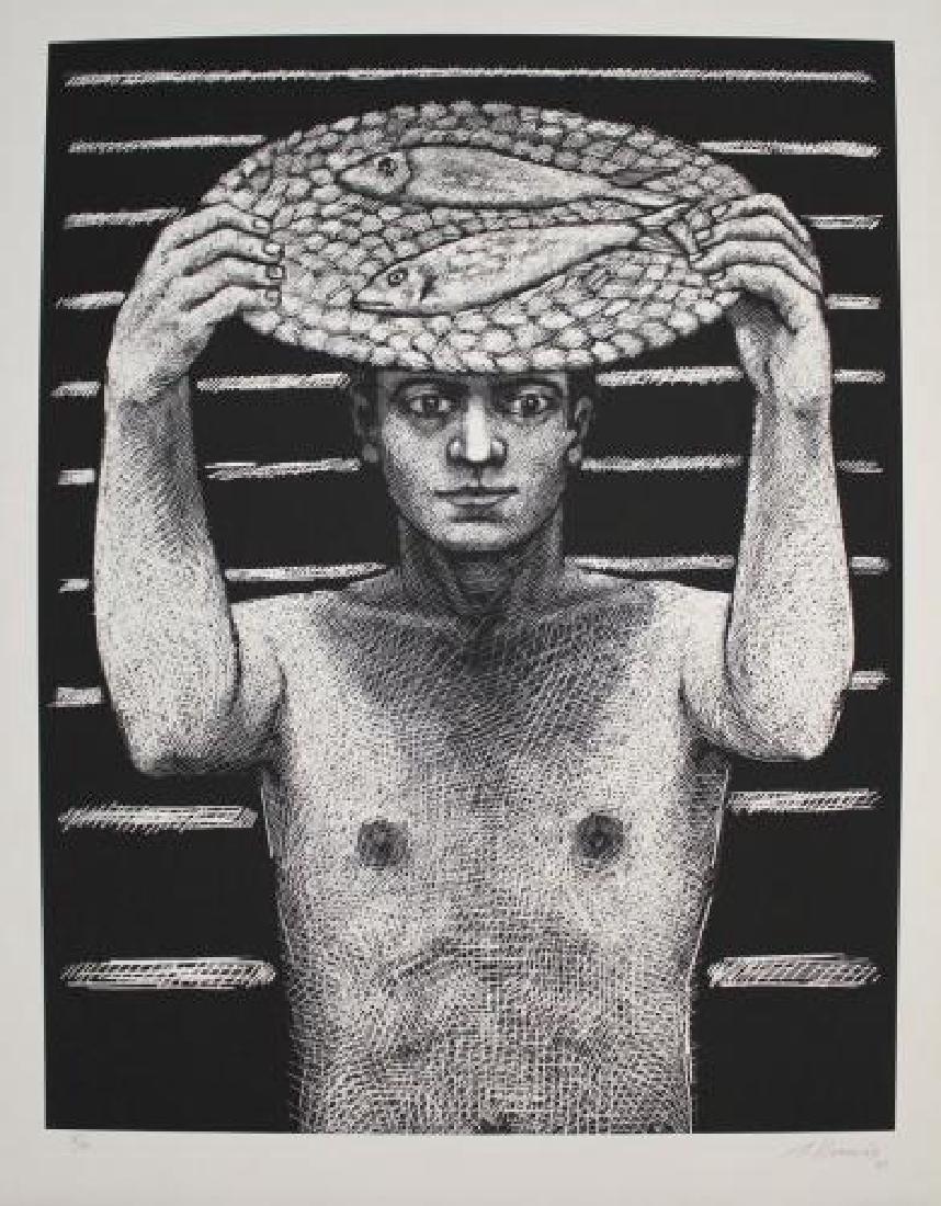 La Captura Exitosa'' (1985) by Robert Llimos, Linocut: La Captura Exitosa by Robert Llimos, Linocut print, 33"H 25"W , Unframed