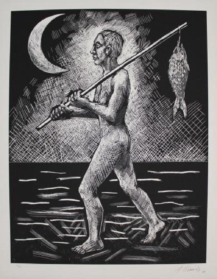 "El Pescador" (1985) by Robert Llimos, Linocut: El Pescador by Robert Llimos, Linocut, 85x65x0.1 cm, <1kg