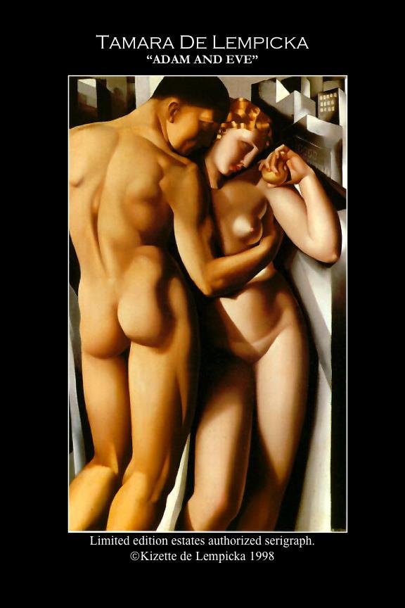 "Adam & Eve" (Original artwork created in 1920's): "Adam & Eve" presents technology and nature intertwined in this painting by Tamara de Lempicka. This is a serigraph created in 1994-1996 by DK Art Publishing Inc. This serigraph is based on a painting