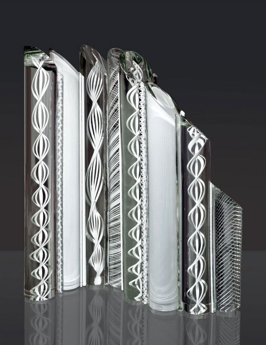 "Cane Sculpture" (2013) by Abby Modell: This glass sculpture by Abby Modell is a solid, hand blown glass encasing traditional Venetian Cane that was cut, polished and assembled in a wave pattern.