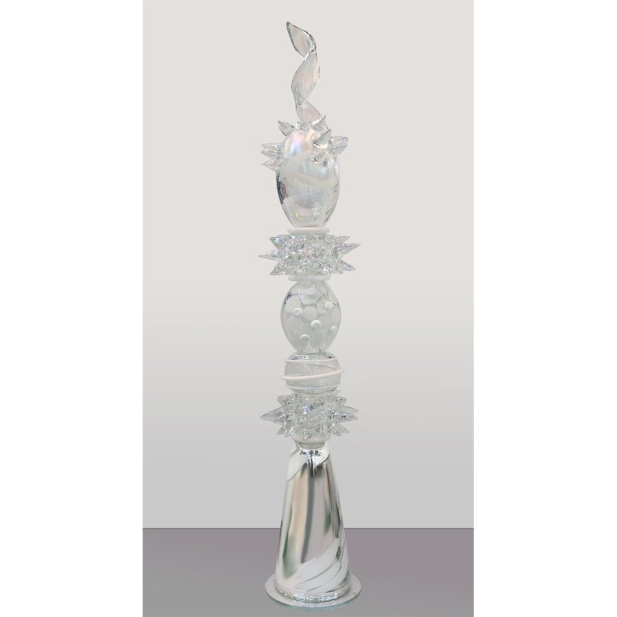 Abby Modell | "Full Moon Cactus"(2013) Glass sculpture: This work is hand blown glass, iridescent, mirrored, cut polished glass on hand assembled glass base.Bio of Artist / Maker: Abby Modell is a widely collected glass artist whose work has been shown at