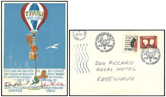 1968 FLOWN 'EMILIE SEZZA' BALLOON FLIGHT COVER: The cover is hand-signed by Don Piccard (pilot) and Hakon Mielche (card designer). The flight was the first ever made by a Swedish-registered balloon and was flown from Tivoli Gardens in Copenhagen to