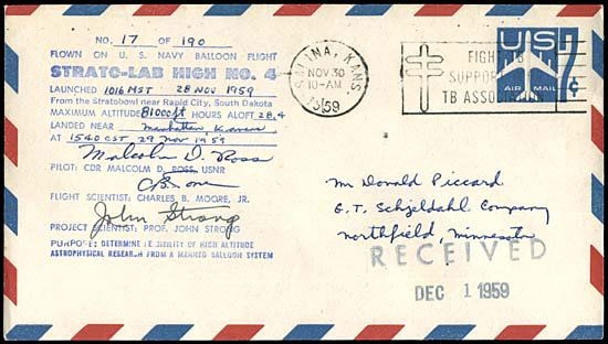 1959 FLOWN 'STRATO-LAB HIGH NO.4' BALLOON COVER: This cover has a blue handstamped cachet with hand-entered flight data, and a Salina, KS machine cancel. The cover is signed by Malcolm Ross (pilot), Charles Moore(flight scientist), and John Strong (