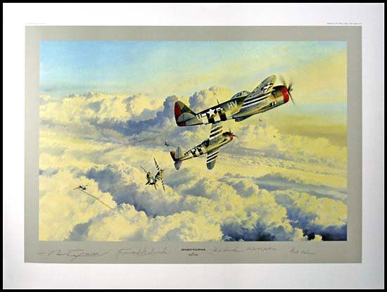 1989 'ZEMKE'S WOLFPACK' BY ROBERT TAYLOR: This limited edition lithograph (33x25")(No. 307/1250) by The Military Gallery is signed by the artist as well as by pilots USAF Cols. Hub Zemke, Francis Gabreski, Robert Johnson and 'Bud' Mahurin. Co