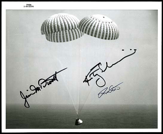1969 CREW SIGNED RECOVERY PHOTO: Original NASA issued B&W glossy photo signed in black sharpie by Apollo 9 astronauts Jim McDivitt, Rusty Schweickart, and David Scott. Excellent condition.
