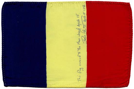1971 FLAG OF CHAD CARRIED TO THE MOON: David Scott, commander of Apollo 15 carried this 4x6" 'silk' flag of Chad with him on his mission. He has written in his own hand and signed: 'This flag carried to the Moon aboard Apollo 15. Dave Scot