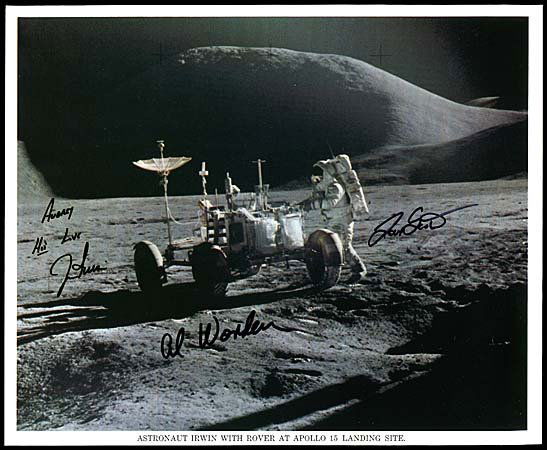 1971 CREW SIGNED EVA LITHO: Original NASA issued 8x10" color litho of astronaut Irwin with the Lunar Rover that has been signed in black sharpie by astronauts James Irwin, Alfred Worden & David Scott. Irwin has added 'Audrey - H