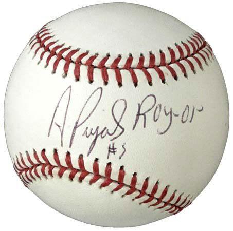 ALBERT PUJOLS 'ROOKIE OF THE YEAR' SIGNED BALL: What a find! An Albert Pujols hand-signed OML (Selig) baseball with 'ROY 2001' written next to the signature. Most notably, this older signature is certainly less refined than his more recent signatur