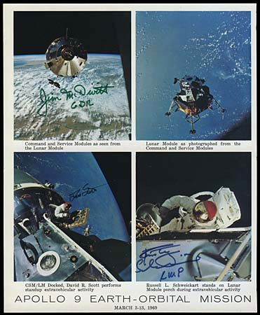 1969 LOVELL/SCOTT/SCHWEICKART AUTOGRAPHED LITHO: Official NASA 8"x10" color composite photo with signature of McDivitt in his usual green ink, Schweickart in blue, PLUS David Scott. Each has written his crew position beneath his signature. Very clea
