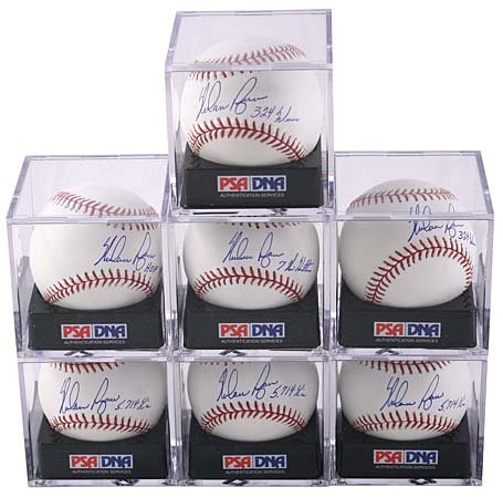 NOLAN RYAN AUTOGRAPHED 'NO HITTER' BASEBALLS X7: That's right, seven very fresh MLB (Selig) baseballs each signed by the Ryan Express himself. Each ball's autograph graded by PSA/DNA, thus authenticating the entire lot. The average grade here is 9.5