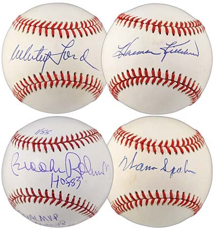 FOUR HALL-OF-FAMER AUTOGRAPHED BASEBALLS: Four (4) hand-signed official baseballs from HOF players of the 1950s and '60s. First, the 'Human Vacuum Cleaner' Orioles third baseman Brooks Robinson has autographed an OML (Selig) baseball in blue