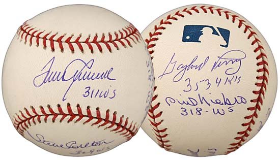 300-WIN CLUB MULTI-SIGNED BALL: FIVE HOFERS: Five HOFers with 300+ wins a piece, have each hand-signed this OML (Selig) baseball; each signature inscribed with their respective Win total (except Gaylord Perry, who has written his strikeout total