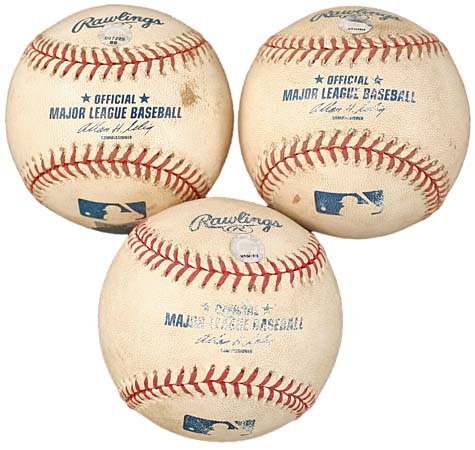 2004-06 GAME-USED BASEBALLS: MLB AUTHENTICATED: Three game-used Major League (Selig) baseballs, each authenticated by Major League Baseball. Most notable is a ball used during the Cardinals-Reds game held on June 20th, 2004, in which Ken Griffey Jr