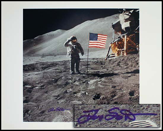 1971 DAVID SCOTT LARGE AUTOGRAPHED PHOTO: Reproduction color photograph (16x20") showing Apollo 15 Astronaut David Scott saluting the U.S. Flag while on the Moon. Scott has autographed the photo with a blue sharpie. (Destiny COA) "
