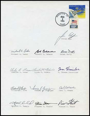 1985 SHUTTLE ASTRONAUT GROUP 11 COMPLETE SIGNATURE: White 8½x11" sheet of paper (horizontal fold) with Shuttle stamp tied by Houston, TX Aug. 1, 1985 hand cancel. Signed by Jerome Apt, Michael A. Baker, Robert D. Cabana, Brian Duffy, Charles D. Gemar,