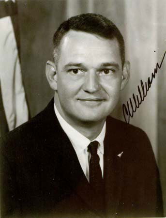 1967 C.C. WILLIAMS SIGNED PHOTO: Early 4x6" black & white photo framed under glass to 6½"x8½". Marine test pilot Williams was scheduled to be the fourth person to walk on the Moon during the Apollo 12 mission (The fourth star on th