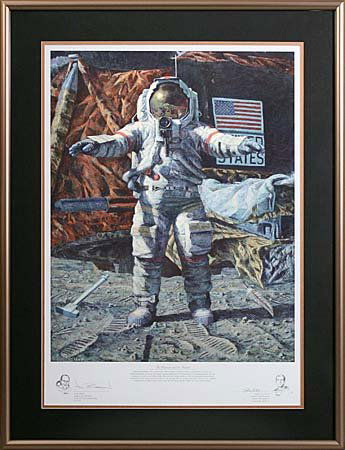 THE HAMMER & THE FEATHER'BY BEAN, ARTIST PROOF: Framed and matted limited edition (22/60) artists proof lithograph (27x38") by Astronaut artist Alan Bean, showing Apollo 15 Astronaut David Scott performing his Galileo experiment on the Moon with th
