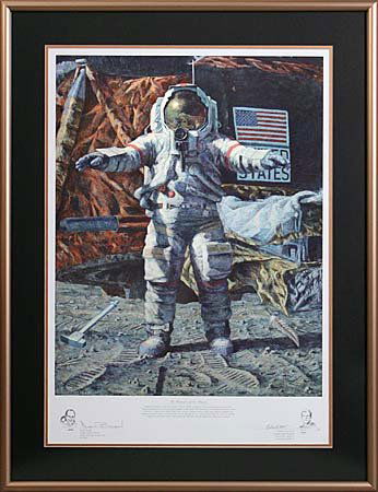 THE HAMMER & THE FEATHER' LITHO BY ALAN BEAN: Framed and matted limited edition (9/650) lithograph (27x38") by Astronaut artist Alan Bean, showing Apollo 15 Astronaut David Scott on the Moon performing his Galileo experiment with the hammer and f