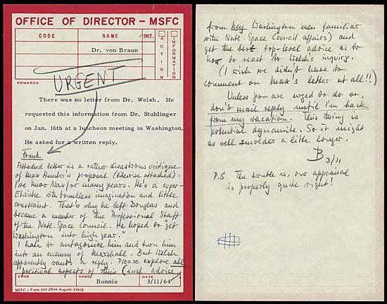 1968 WERNHER VON BRAUN HAND WRITTEN MEMO