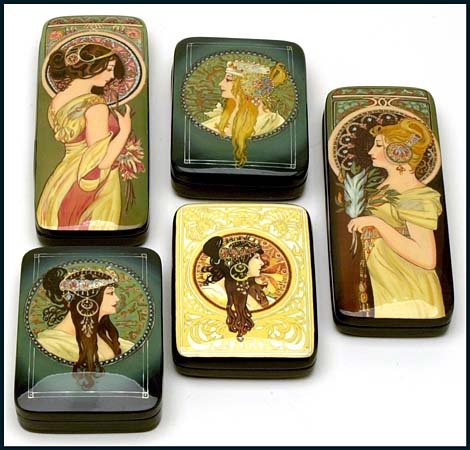 2000s MUCHA RUSSIAN LACQUER BOXES (x5)