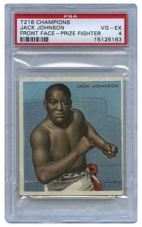 1910 TRADING CARDS T218 CHAMPIONS JACK JOHNSON: The 'Front Face - Prize Fighter' version of the T218 Champions boxing card of the legendary early 20th century boxing heavyweight Jack Johnson. Slightly worn corners and overall loss of gloss keep thi