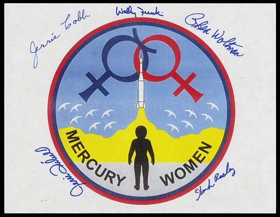 c.1960s MERCURY WOMEN ASTRONAUTS SIGNATURES: Color copyrighted logo of the 'Mercury Women' on an 8"x10" sheet of white paper signed by Jerrie Cobb, Wally Funk, Rhea Woltman, Jerry Truhill & Sarah Ratley. These are 5 of the original 13 female ast