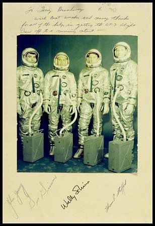 1965 GEMINI III CREW SIGNED MATTE: Extraordinary lot featuring a 14"x11" white matte signed by the entire crew of Gemini III (John Young and Gus Grissom) including the back up crew (Wally Schirra and Thomas Stafford). Inscribed, 'To To